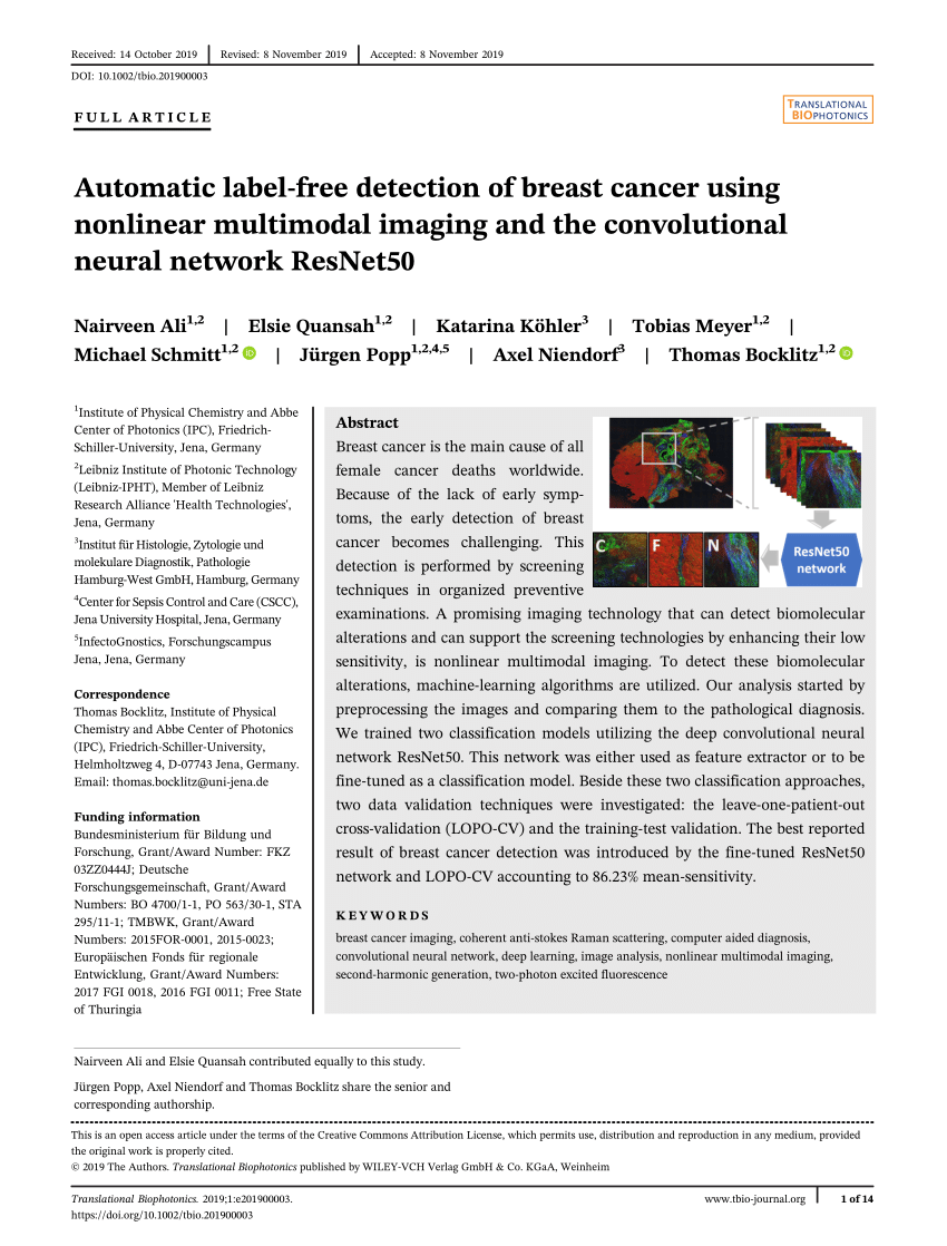 Pdf Automatic Label Free Detection Of Breast Cancer Using Nonlinear Multimodal Imaging And The Convolutional Neural Network Resnet50