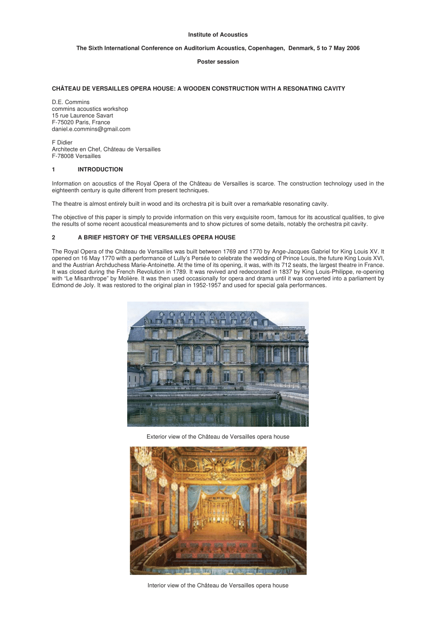 Pdf Poster Session Chateau De Versailles Opera House A Wooden Construction With A Resonating Cavity