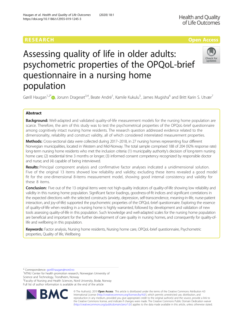 Pdf Assessing Quality Of Life In Older Adults Psychometric Properties Of The Opqol Brief Questionnaire In A Nursing Home Population