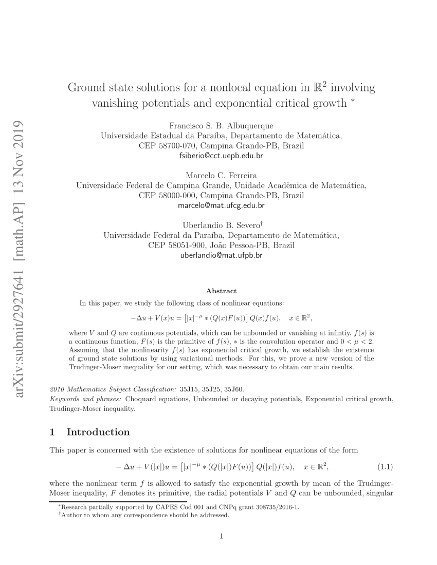 Pdf Ground State Solutions For A Nonlocal Equation In Mathbb R 2 Involving Vanishing Potentials And Exponential Critical Growth