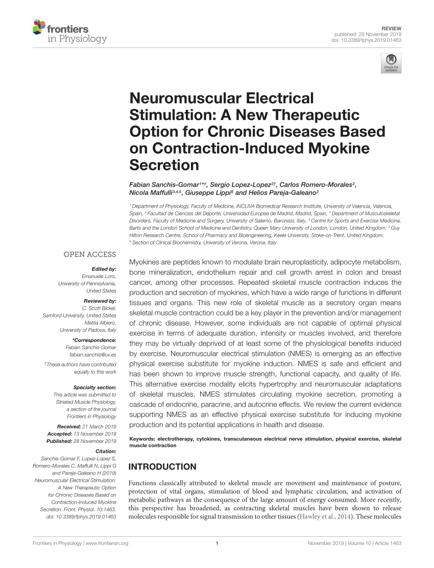 Frontiers  Neuromuscular Electrical Stimulation: A New Therapeutic Option  for Chronic Diseases Based on Contraction-Induced Myokine Secretion