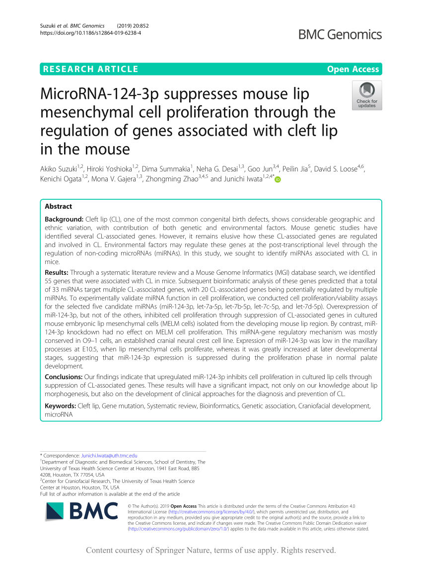 PDF) MicroRNA-124-3p suppresses mouse lip mesenchymal cell proliferation  through the regulation of genes associated with cleft lip in the mouse
