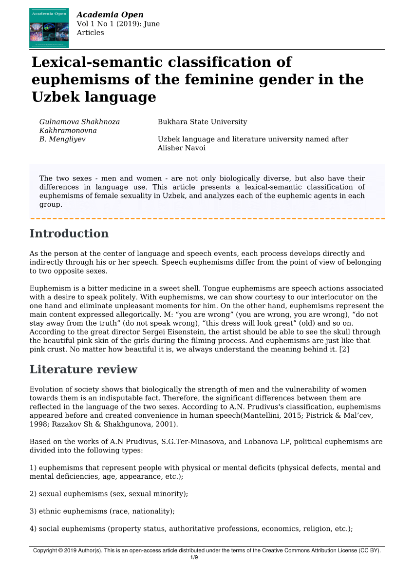 PDF) Lexical-semantic classification of euphemisms of the feminine gender  in the Uzbek language