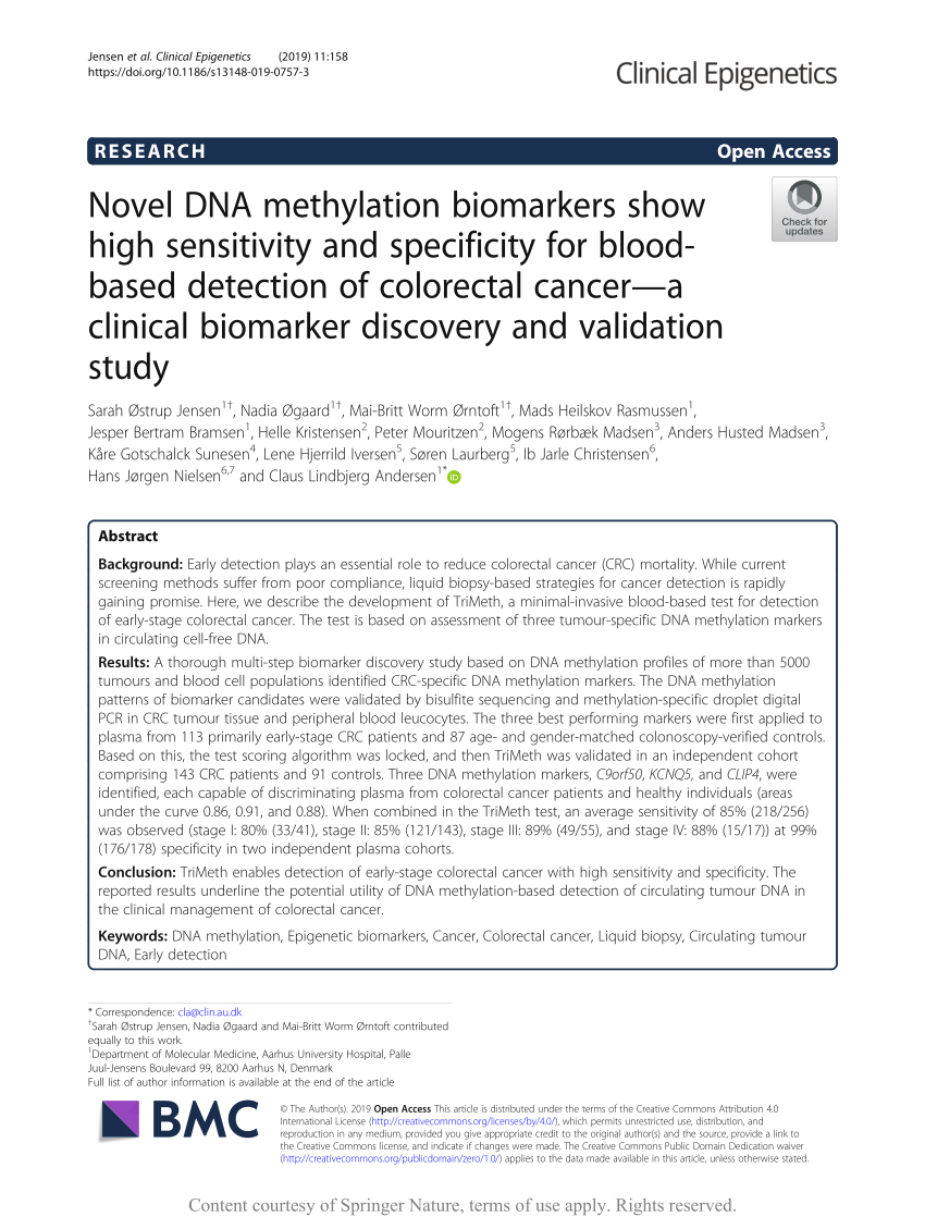 Novel DNA methylation biomarkers show high sensitivity and specificity for blood-based detection of colorectal cancer—a clinical biomarker discovery and validation study