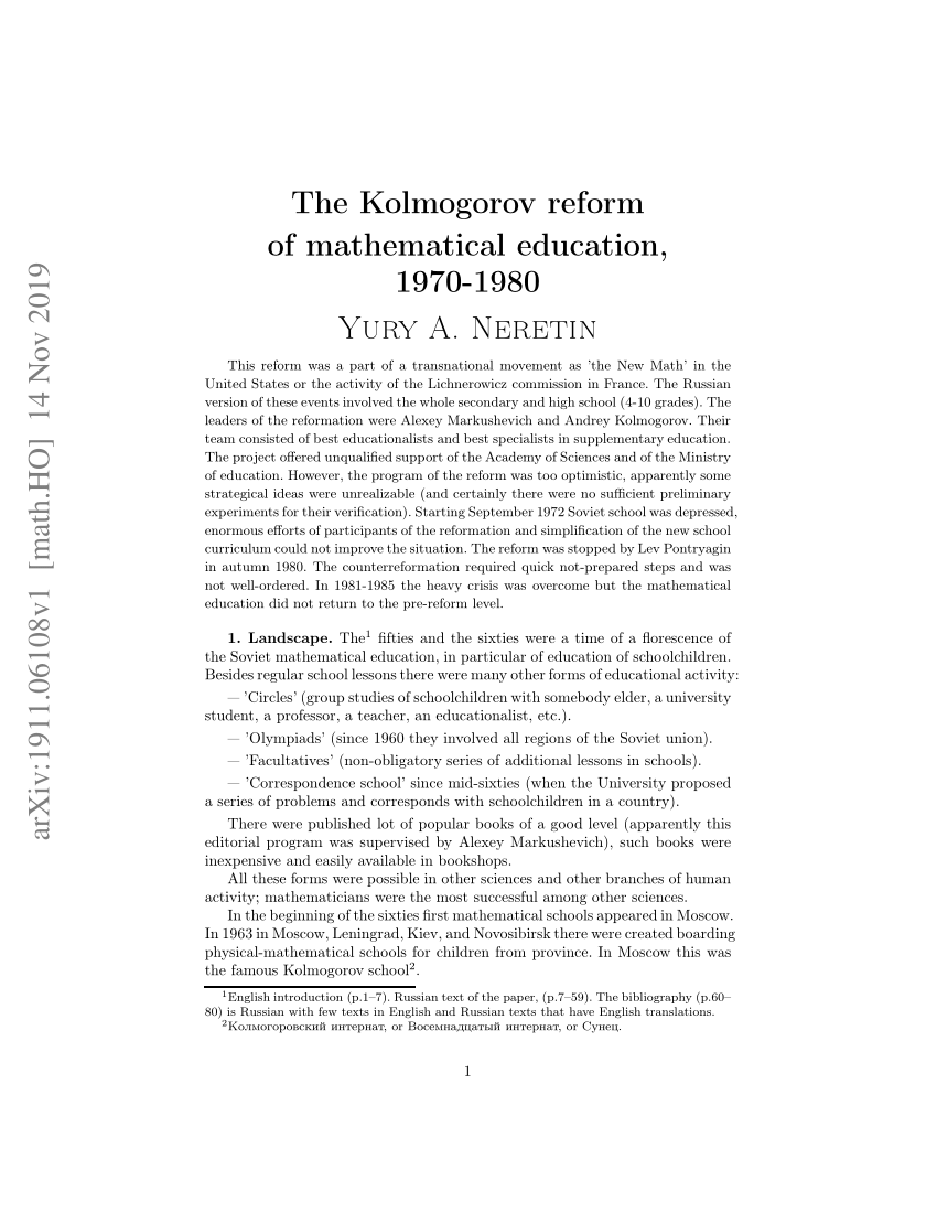 PDF) Kolmogorov reform of mathematical education, 1970-1980