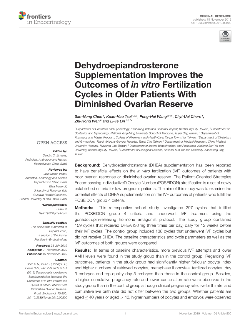 Pdf Dehydroepiandrosterone Supplementation Improves The Outcomes Of In Vitro Fertilization Cycles In Older Patients With Diminished Ovarian Reserve