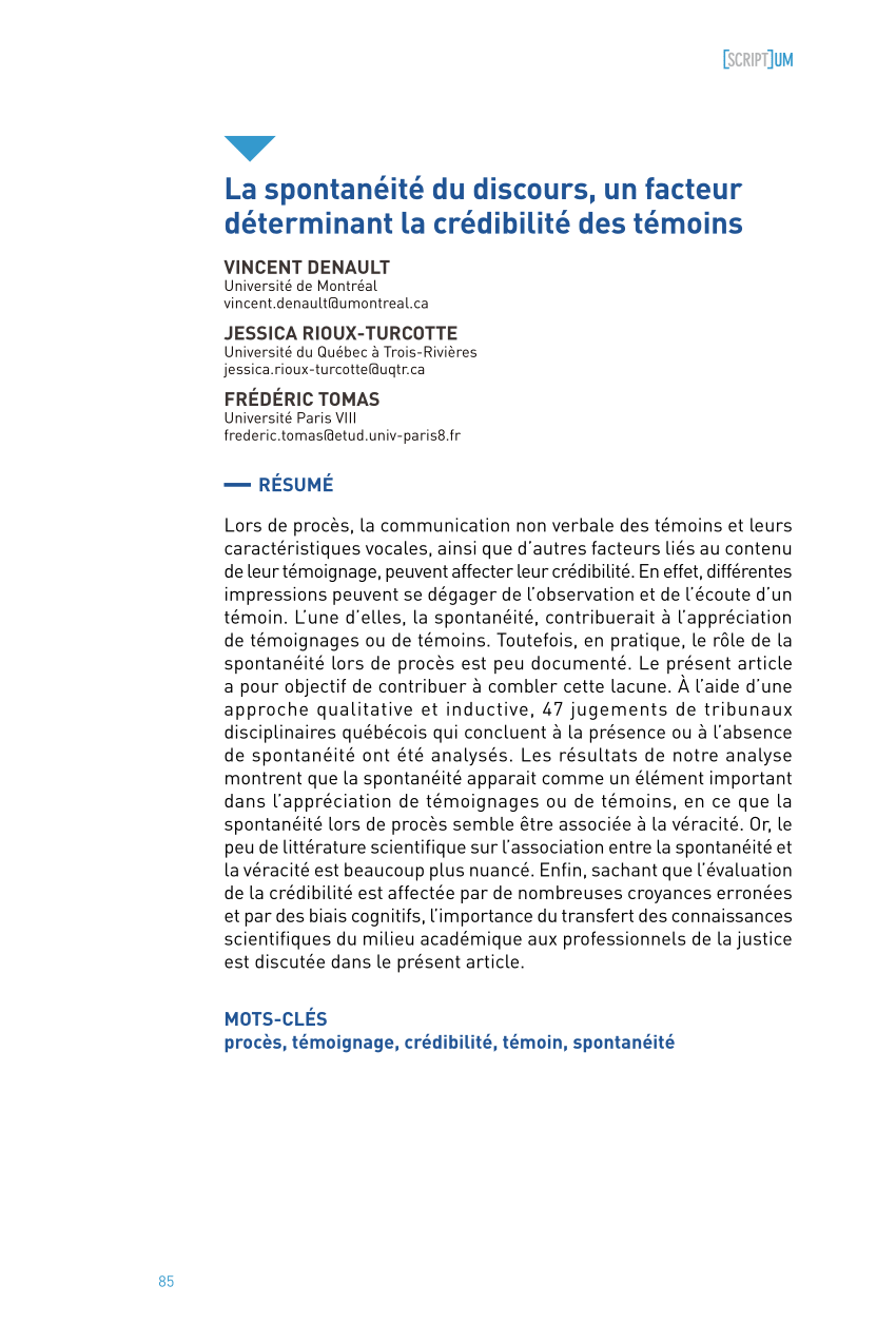 Pdf La Spontaneite Du Discours Un Facteur Determinant La Credibilite Des Temoins