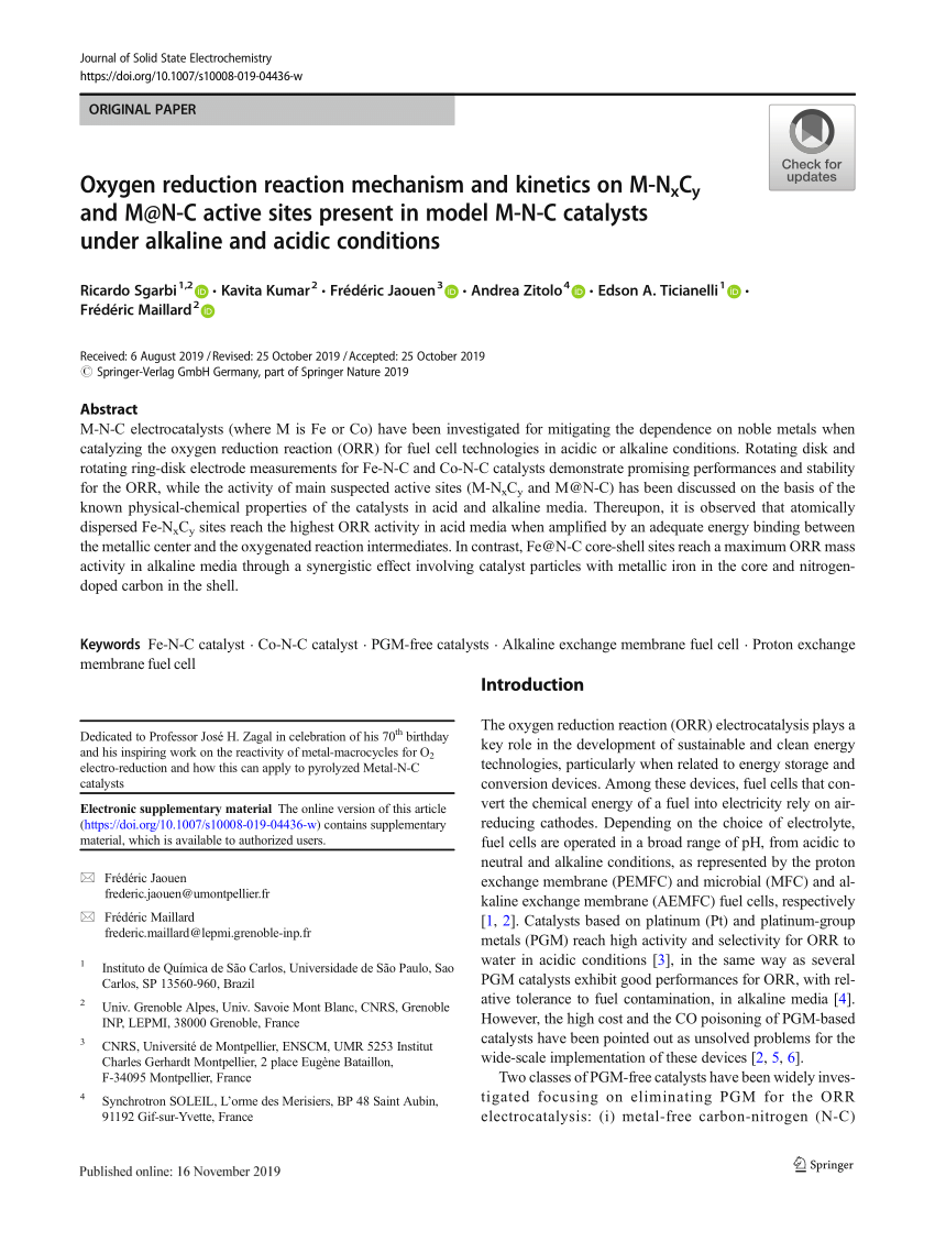 Pdf Oxygen Reduction Reaction Mechanism And Kinetics On M Nxcy And M N C Active Sites Present In Model M N C Catalysts Under Alkaline And Acidic Conditions