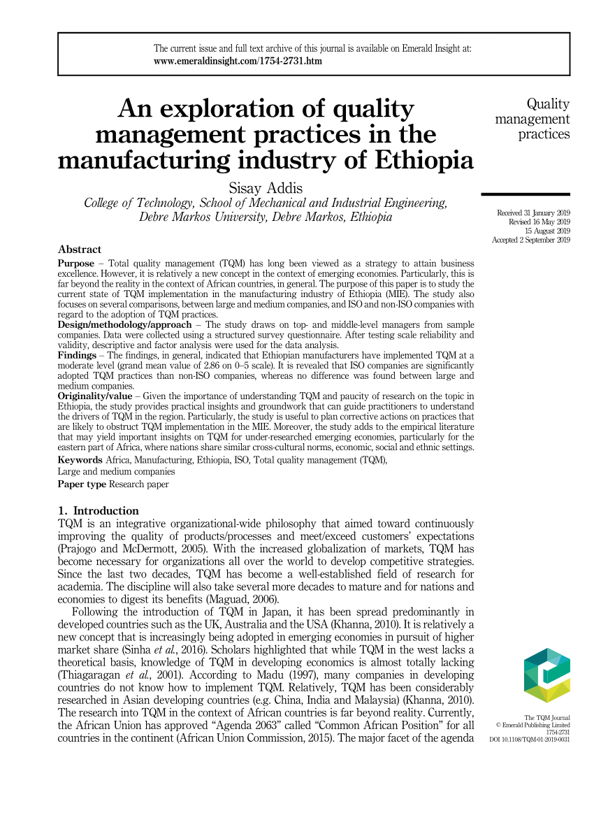 project quality management practices of ethiopian companies a case study