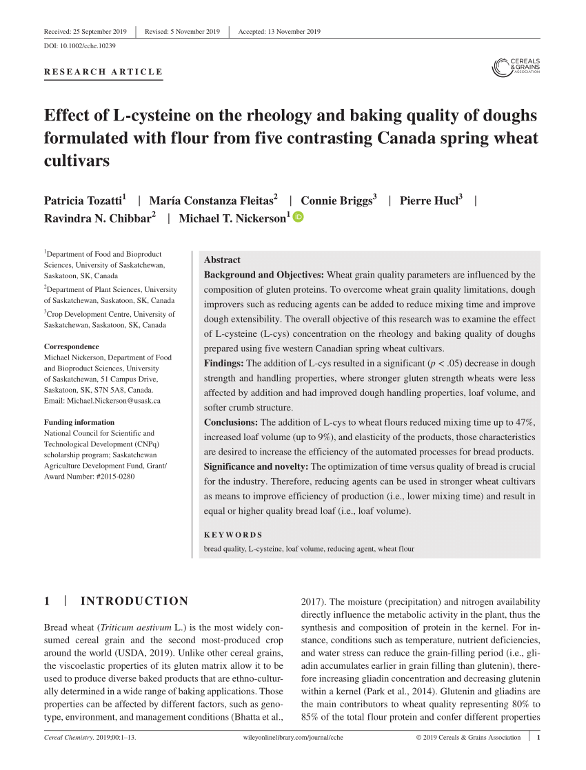 Pdf Effect Of L Cysteine On The Rheology And Baking Quality Of Doughs Formulated With Flour From Five Contrasting Canada Spring Wheat Cultivars