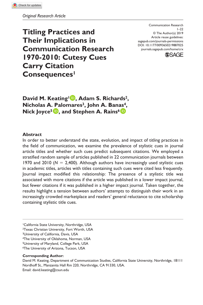 Pdf Titling Practices And Their Implications In Communication Research 1970 10 Cutesy Cues Carry Citation Consequences