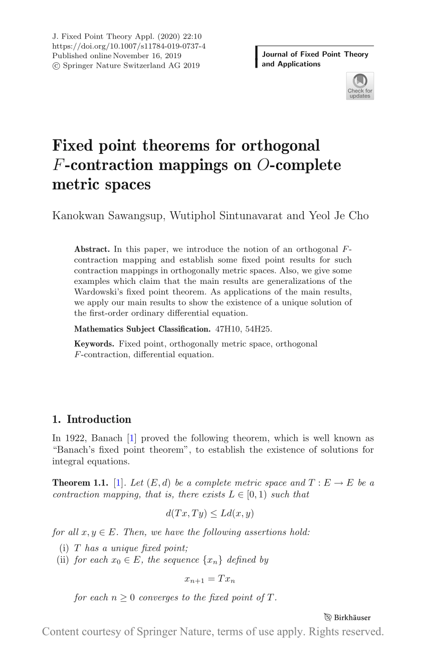 Fixed Point Theorems For Orthogonal F Contraction Mappings On O Complete Metric Spaces Request Pdf