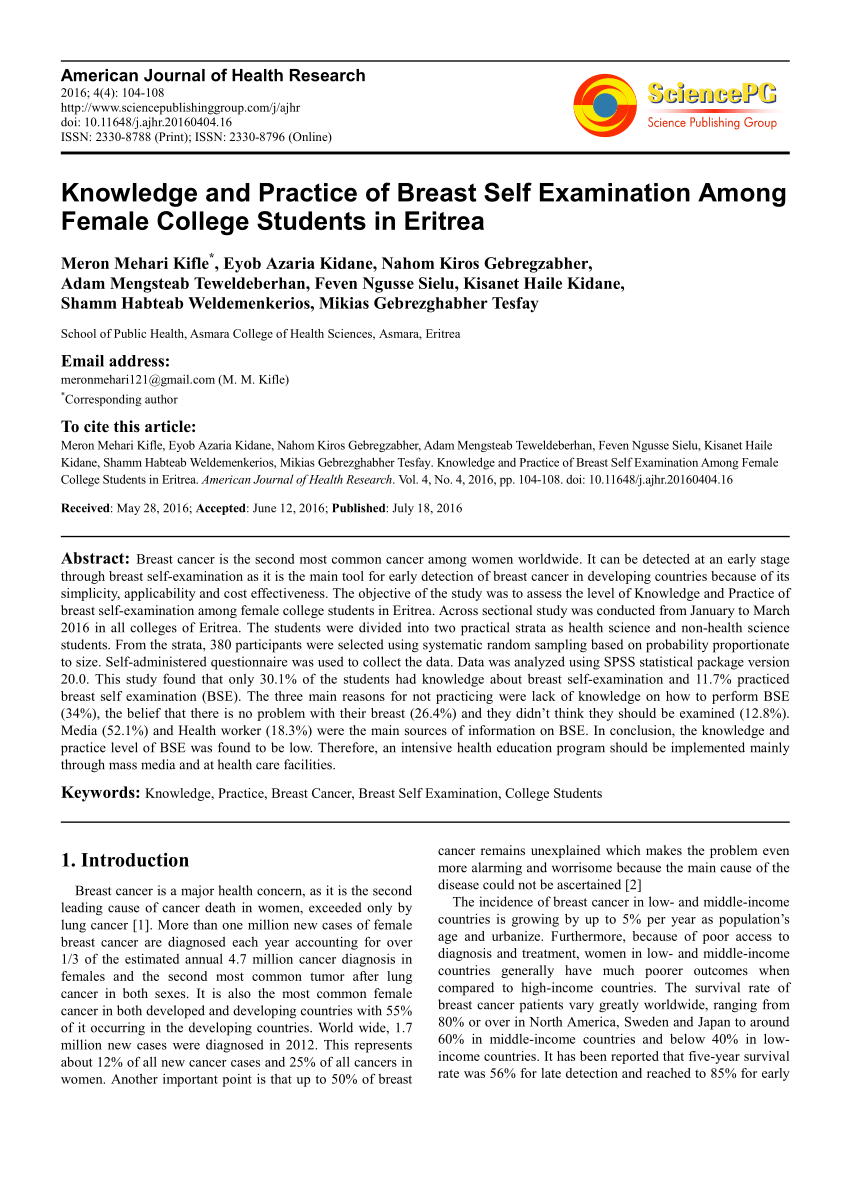 Pdf Knowledge And Practice Of Breast Self Examination Among Female College Students In Eritrea