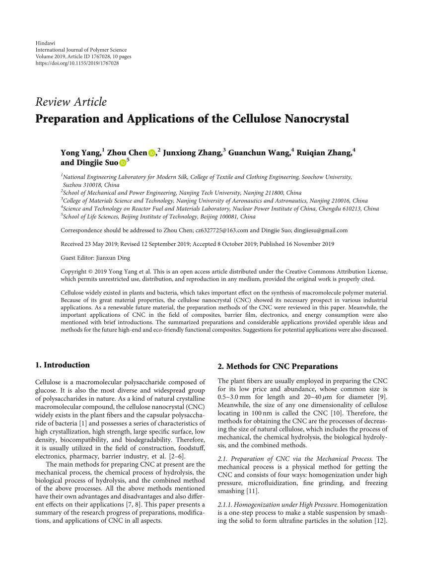 PDF) Preparation and Applications of the Cellulose Nanocrystal