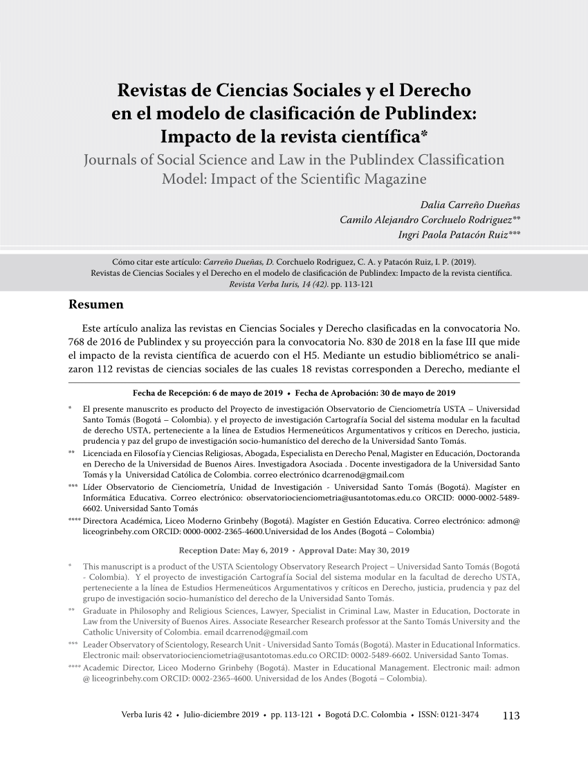 PDF) Revistas de Ciencias Sociales y el Derecho en el modelo de  clasificación de Publindex: Impacto de la revista científica