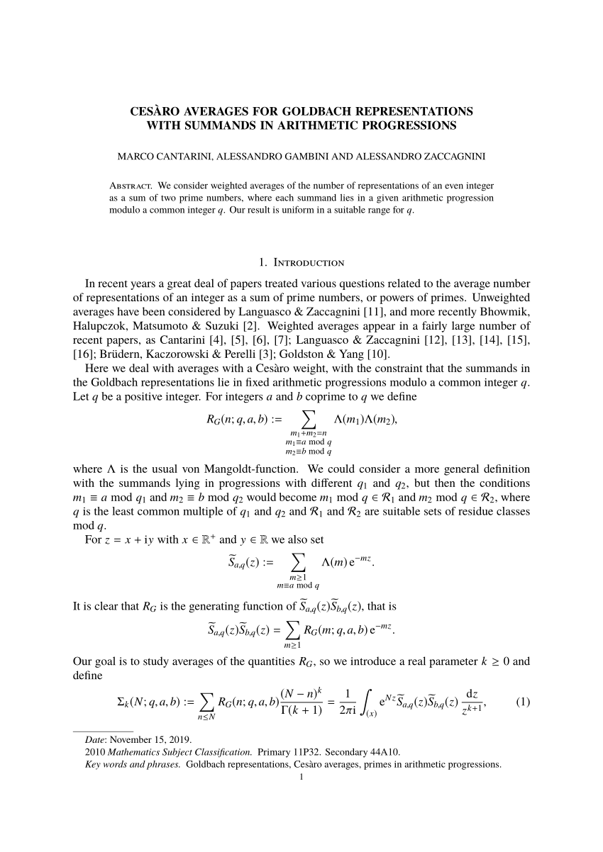 Pdf Ces Aro Averages For Goldbach Representations With Summands In Arithmetic Progressions
