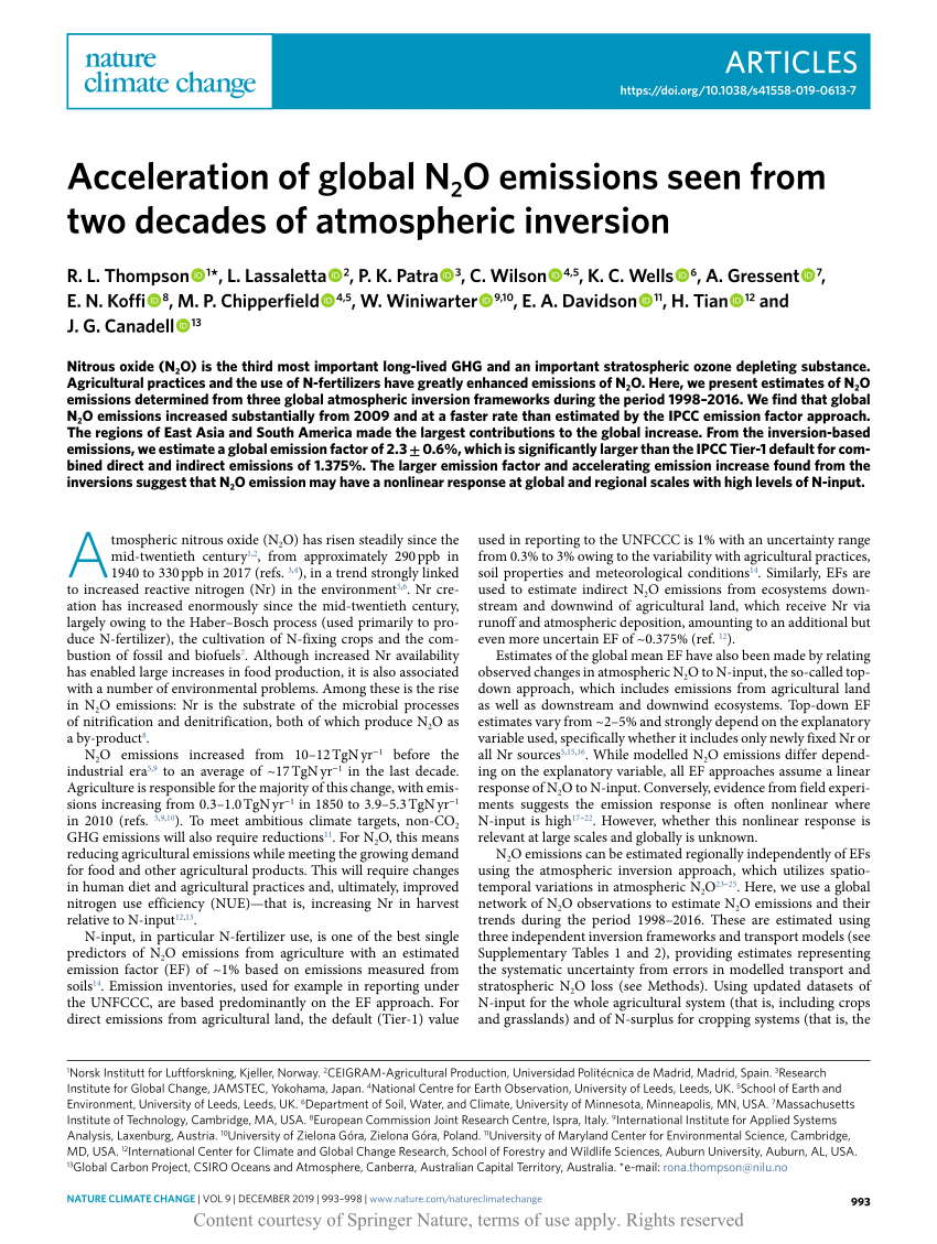 Acceleration Of Global N2o Emissions Seen From Two Decades Of Atmospheric Inversion Request Pdf