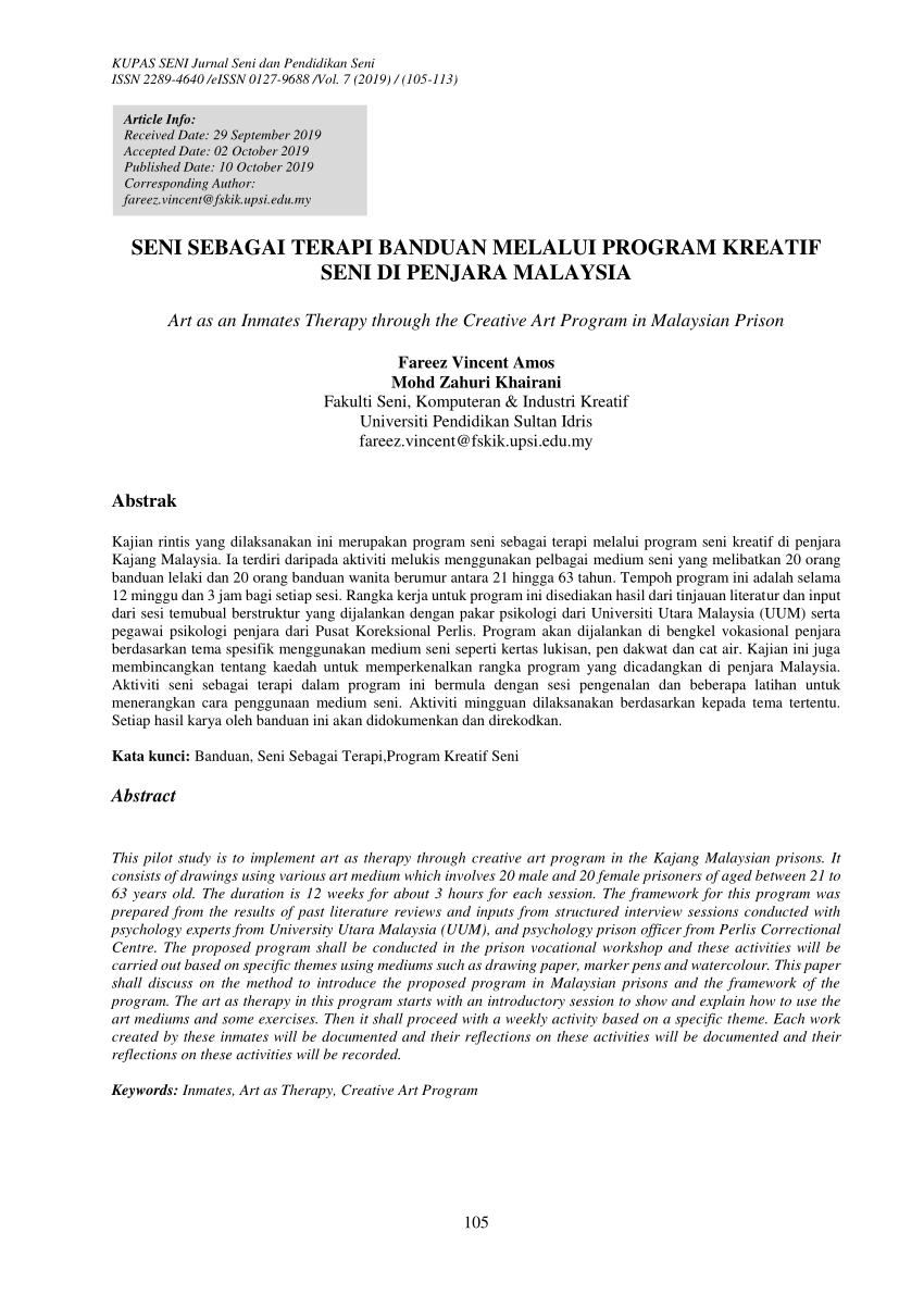PDF) Seni Sebagai Terapi Banduan Melalui Program Kreatif Seni Di 