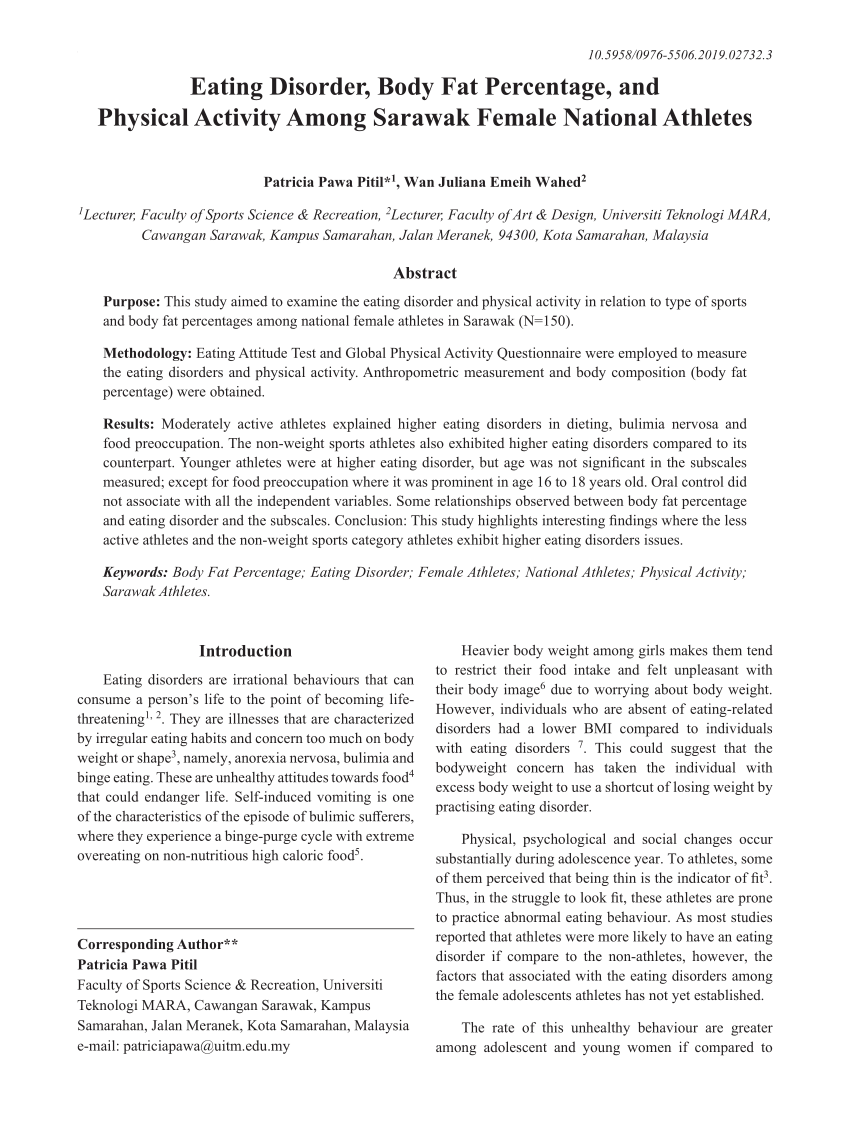 Pdf Eating Disorder Body Fat Percentage And Physical Activity Among Sarawak Female National Athletes