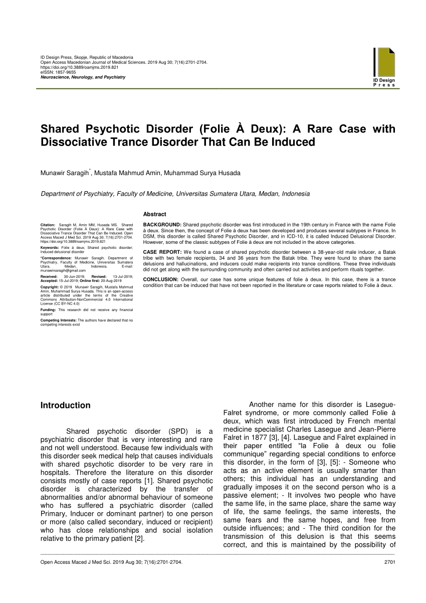 Pdf Shared Psychotic Disorder Folie A Deux A Rare Case With Dissociative Trance Disorder That Can Be Induced