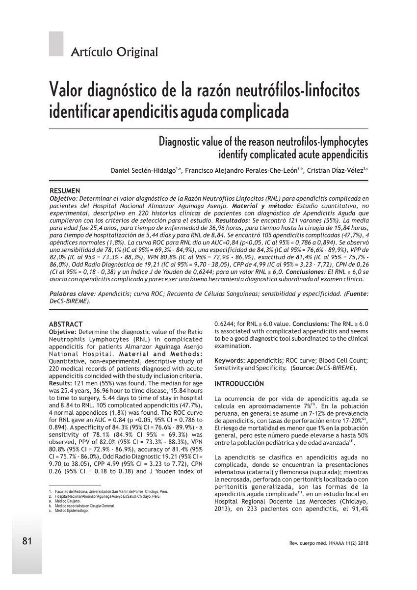 Pdf Valor Diagnostico De La Razon Neutrofilos Linfocitos Identificar Apendicitis Aguda Complicada