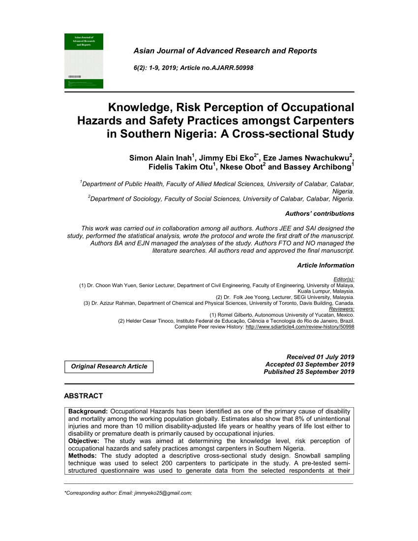 Pdf Knowledge Risk Perception Of Occupational Hazards And Safety Practices Amongst Carpenters In Southern Nigeria A Cross Sectional Study