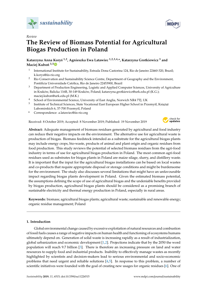 Pdf The Review Of Biomass Potential For Agricultural Biogas Production In Poland