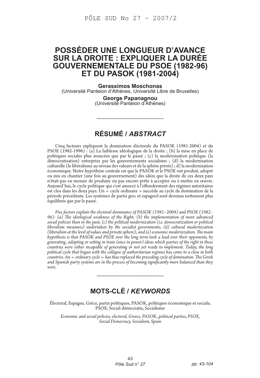 Pdf) Posséder Une Longueur D'avance Sur La Droite : Expliquer La Durée  Gouvernementale Du Psoe (1982-96) Et Du Pasok (1981-2004)