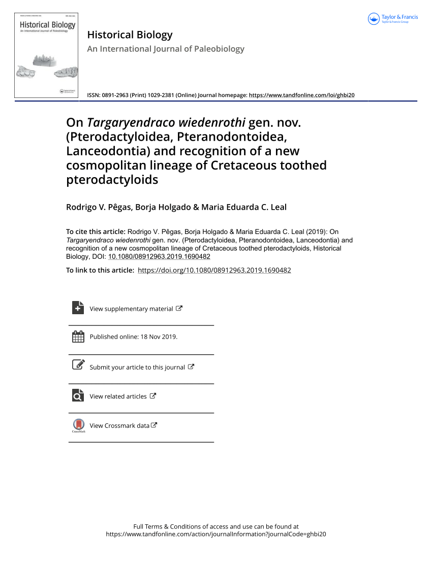 Species New to Science: [Paleontology • 2019] On Targaryendraco wiedenrothi  gen. nov. (Pterodactyloidea, Pteranodontoidea, Lanceodontia) and  Recognition of A New Cosmopolitan Lineage of Cretaceous Toothed  Pterodactyloids