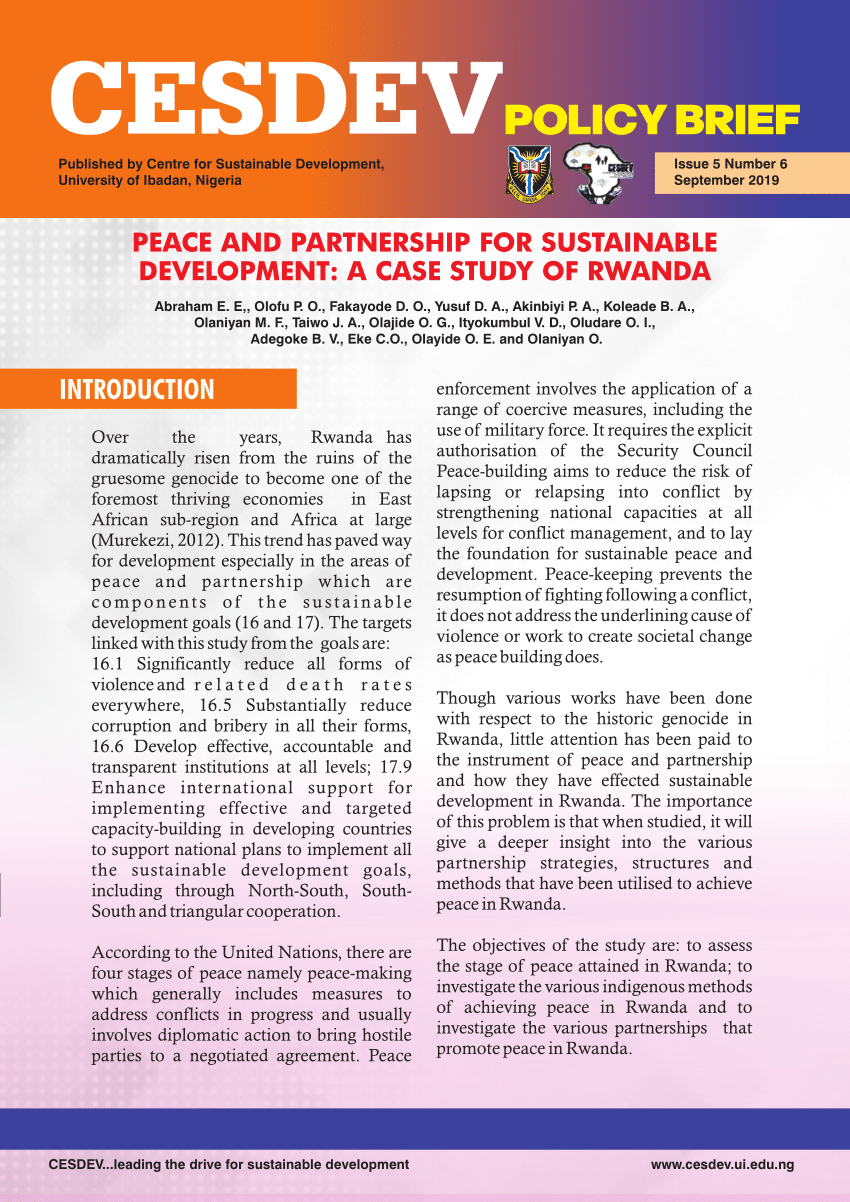 Pdf Peace And Partnership For Sustainable Development A Case Study Of Rwanda