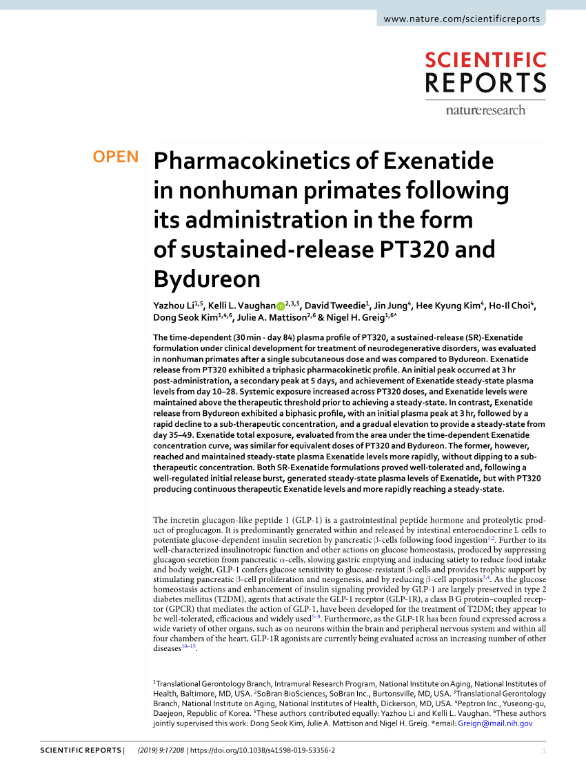 Pdf Pharmacokinetics Of Exenatide In Nonhuman Primates Following Its Administration In The Form Of Sustained Release Pt320 And Bydureon