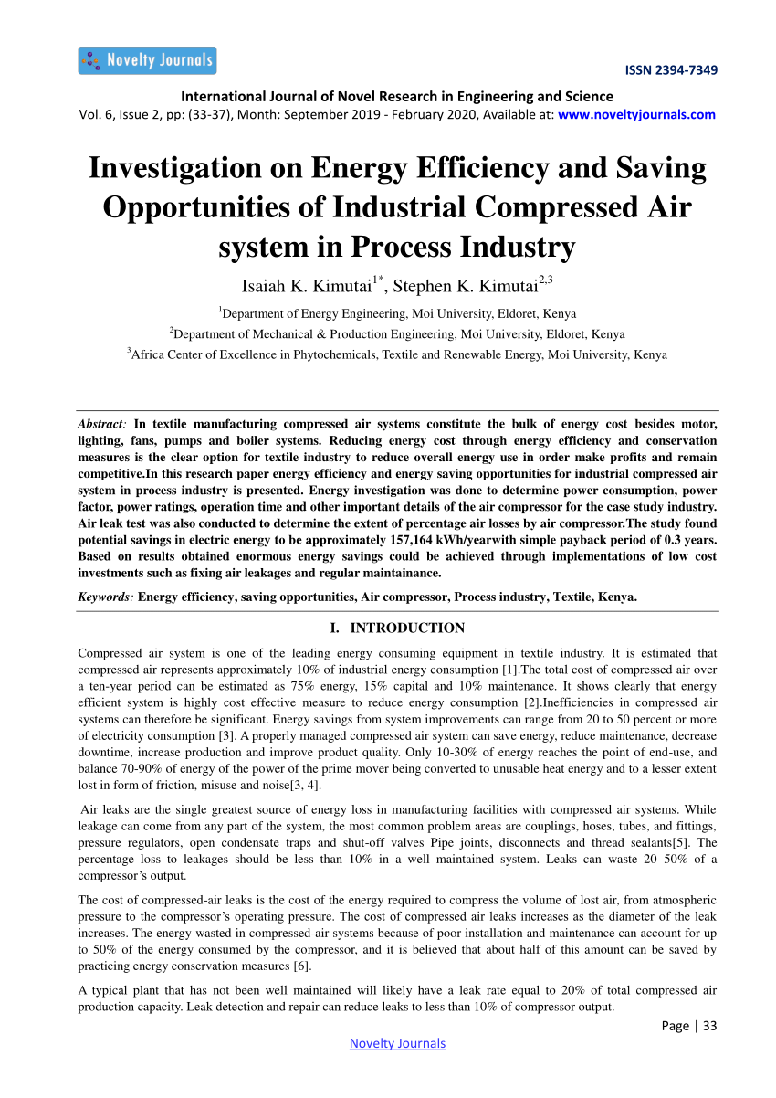 PDF) Investigation on Energy Efficiency and Saving Opportunities of  Industrial Compressed Air system in Process Industry
