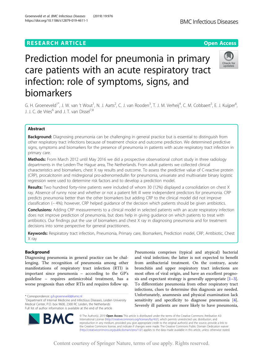 Pdf Prediction Model For Pneumonia In Primary Care Patients With An Acute Respiratory Tract Infection Role Of Symptoms Signs And Biomarkers