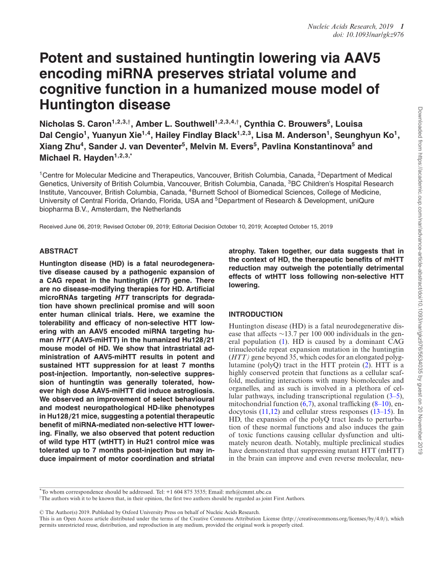Pdf Potent And Sustained Huntingtin Lowering Via v5 Encoding Mirna Preserves Striatal Volume And Cognitive Function In A Humanized Mouse Model Of Huntington Disease