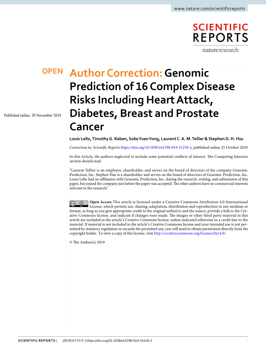 PDF) Author Correction: Genomic Prediction of 16 Complex Disease Risks Heart Attack, Diabetes, Breast and Prostate Cancer