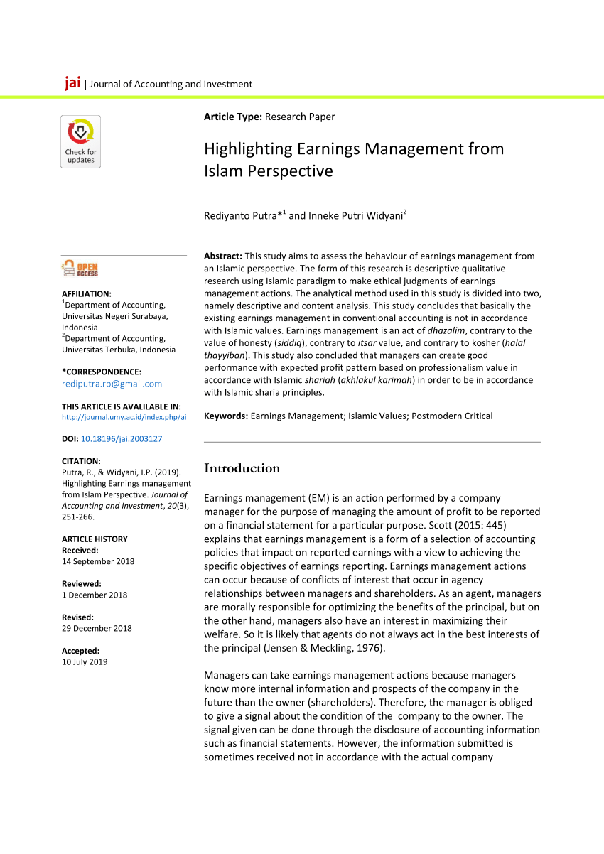 Pdf Highlighting Earning Management From Islam Perspective