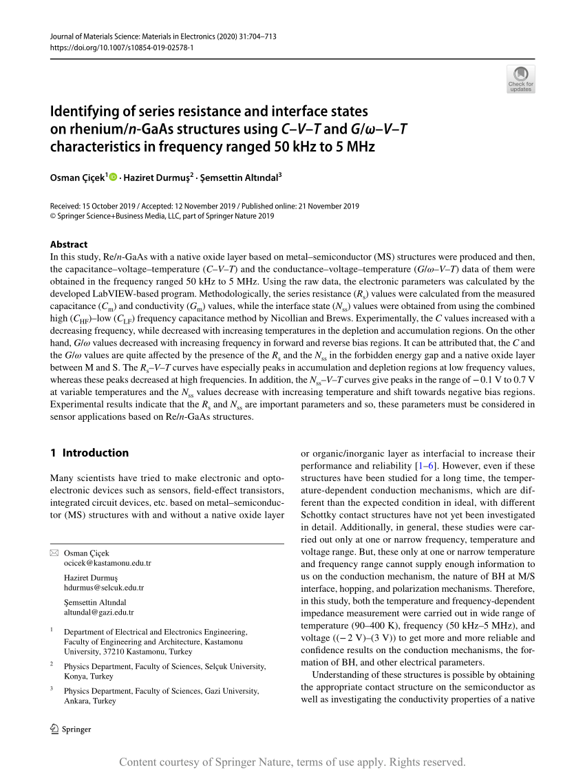 Identifying Of Series Resistance And Interface States On Rhenium N Gaas Structures Using C V T And G W V T Characteristics In Frequency Ranged 50 Khz To 5 Mhz Request Pdf