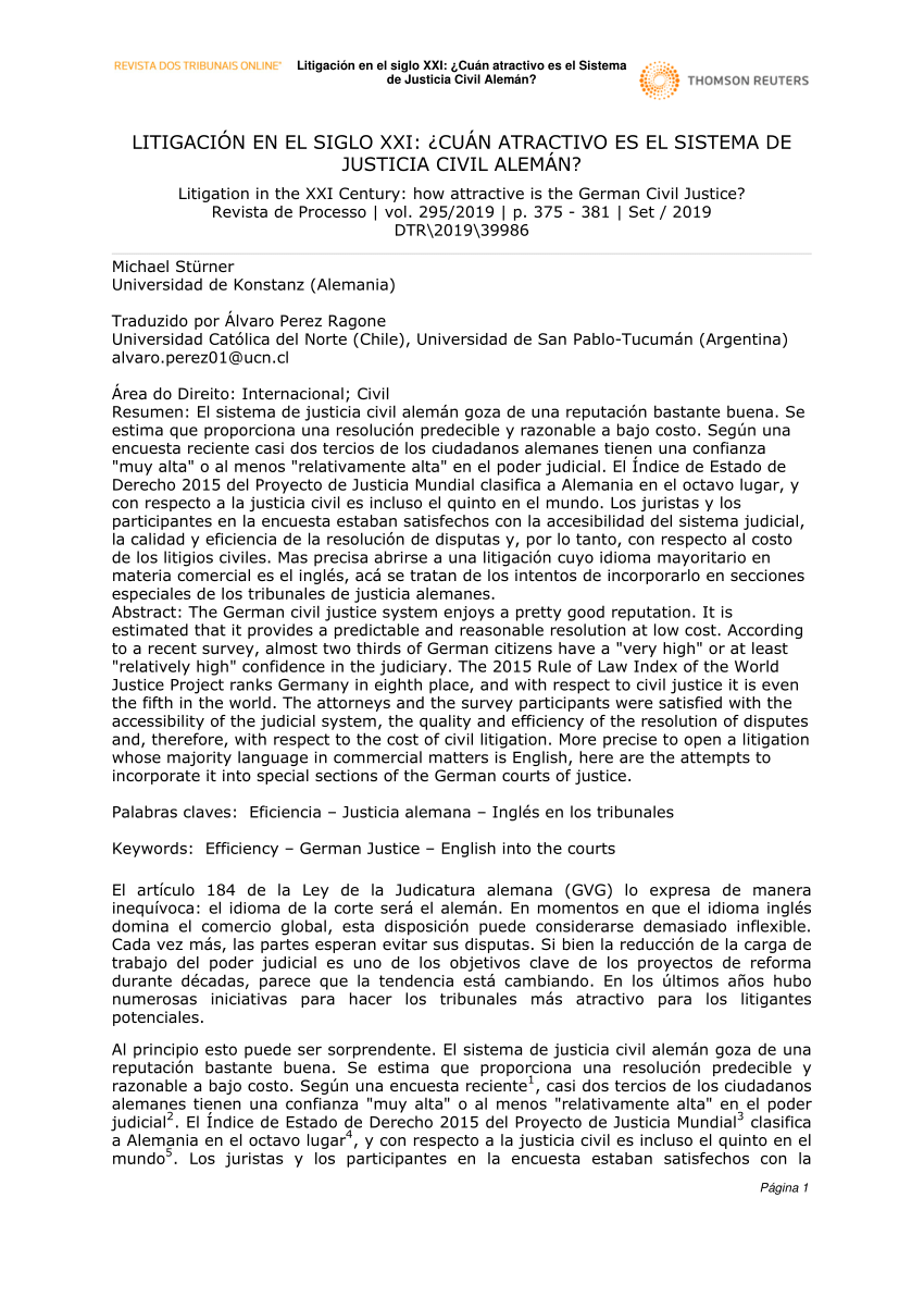 Pdf Litigacion En El Siglo Xxi Cuan Atractivo Es El Sistema De Justicia Civil Aleman De Michael Sturner Traducido Al Espanol Por Alvaro P Ragone