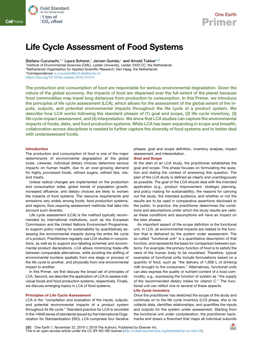 Pdf Life Cycle Assessment Of Food Systems