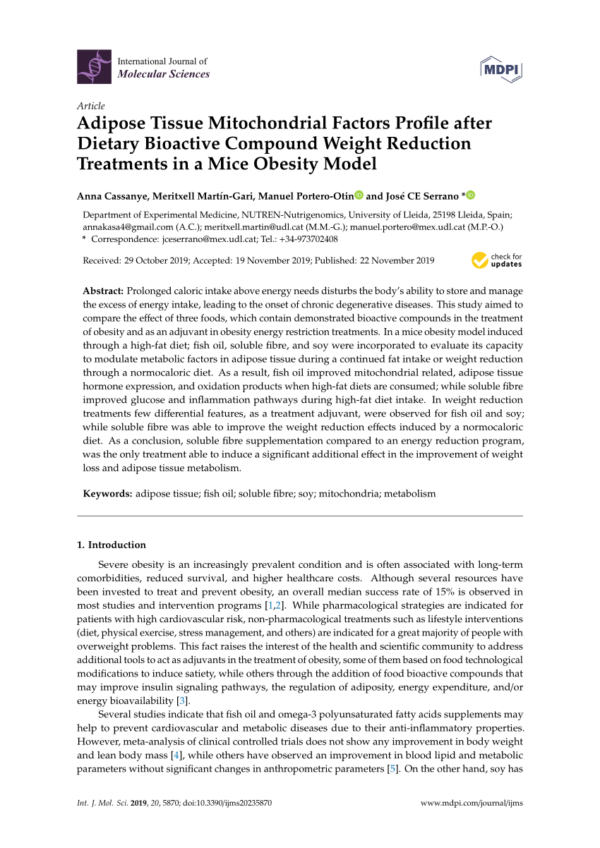 Pdf Adipose Tissue Mitochondrial Factors Profile After Dietary Bioactive Compound Weight Reduction Treatments In A Mice Obesity Model