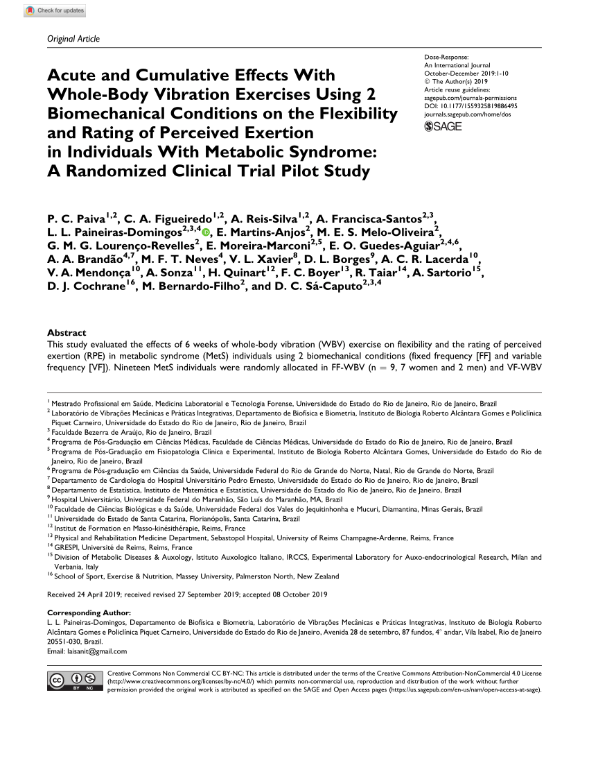 Pdf Acute And Cumulative Effects With Whole Body Vibration Exercises Using 2 Biomechanical Conditions On The Flexibility And Rating Of Perceived Exertion In Individuals With Metabolic Syndrome A Randomized Clinical Trial Pilot Study