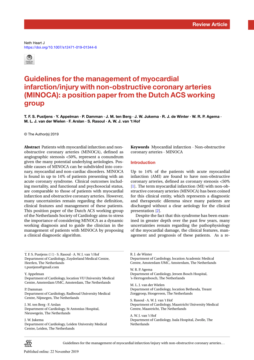 Pdf Guidelines For The Management Of Myocardial Infarction Injury With Non Obstructive Coronary Arteries Minoca A Position Paper From The Dutch Acs Working Group