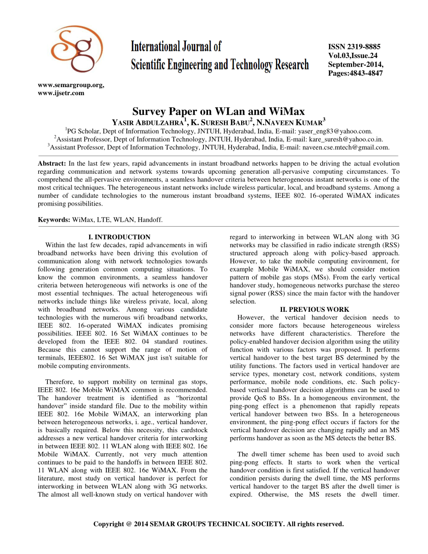 Pdf Survey Paper On Wlan And Wimax