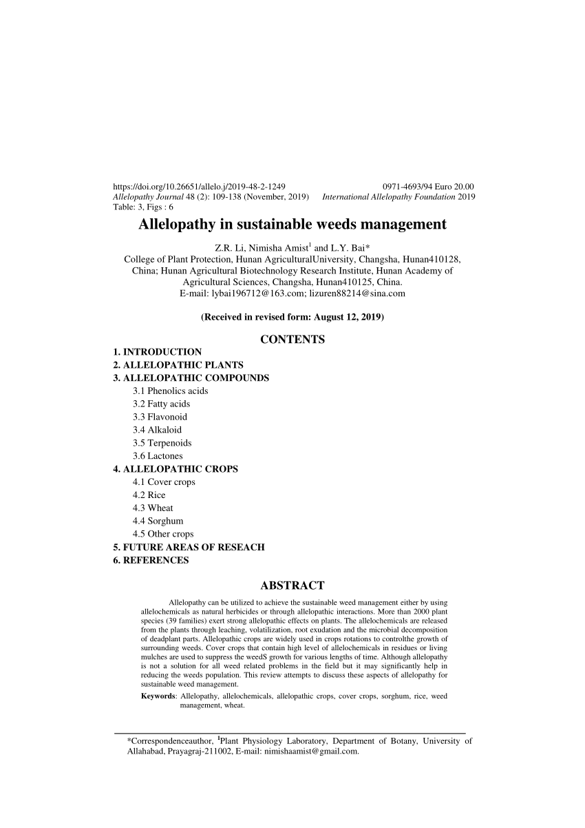 Pdf Allelopathy In Sustainable Weeds Management