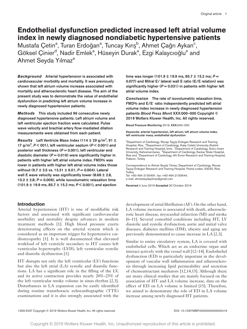 PDF Endothelial dysfunction predicted increased left atrial  