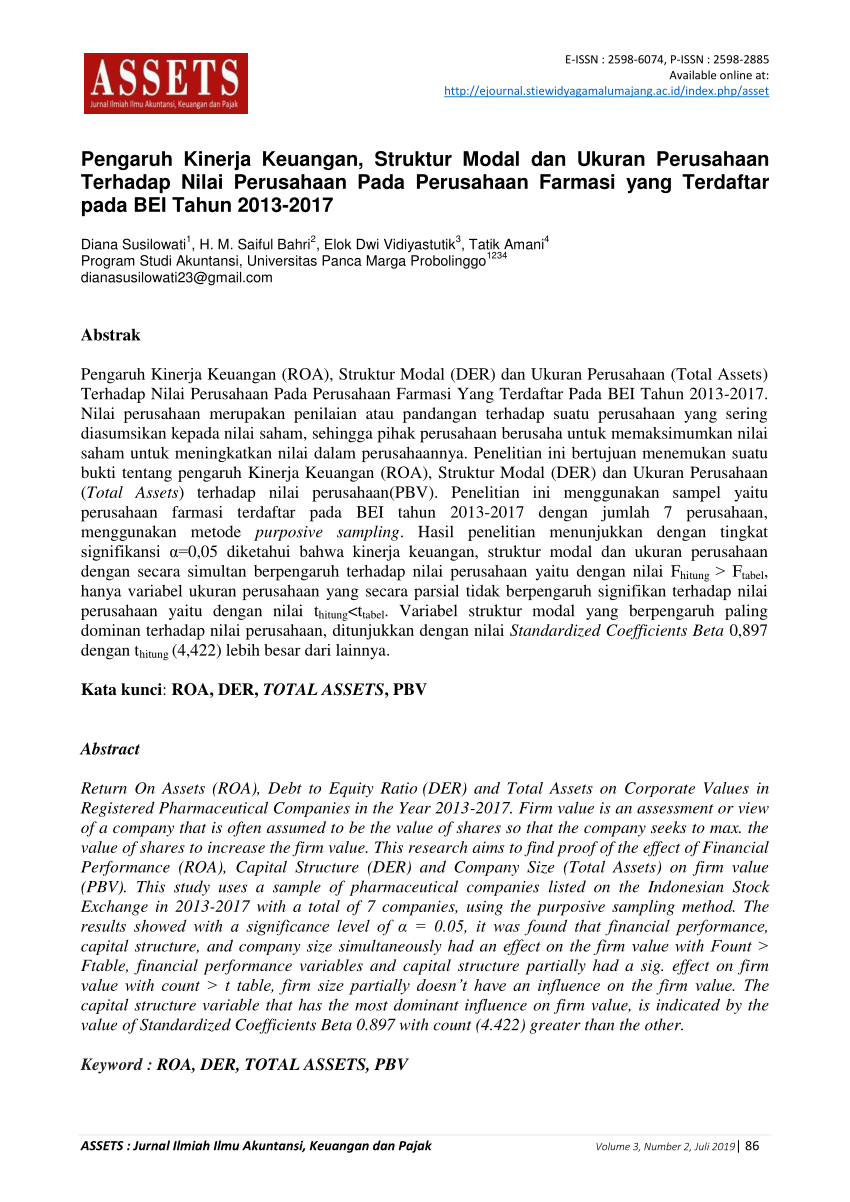 Pdf Pengaruh Kinerja Keuangan Struktur Modal Dan Ukuran Perusahaan Terhadap Nilai Perusahaan 6626