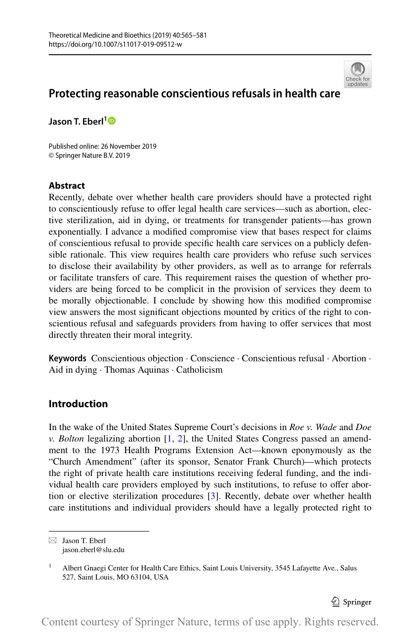 Protecting reasonable conscientious refusals in health care Request PDF