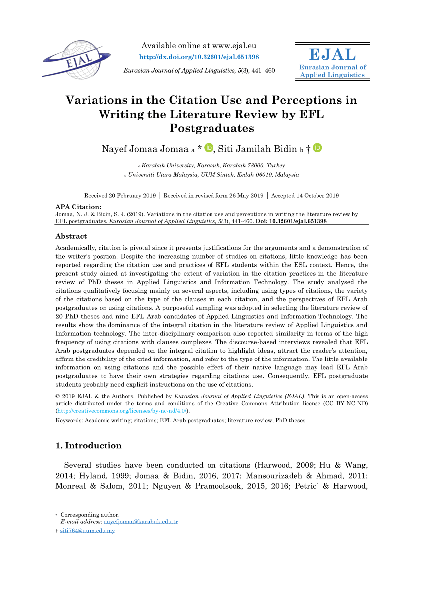 Pdf Variations In The Citation Use And Perceptions In Writing The Literature Review By Efl Postgraduates