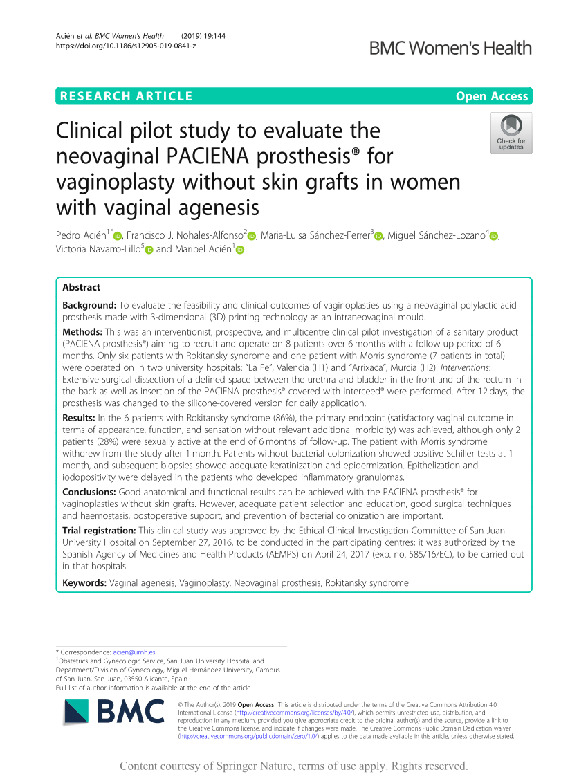 PDF) Clinical pilot study to evaluate the neovaginal PACIENA prosthesis®  for vaginoplasty without skin grafts in women with vaginal agenesis