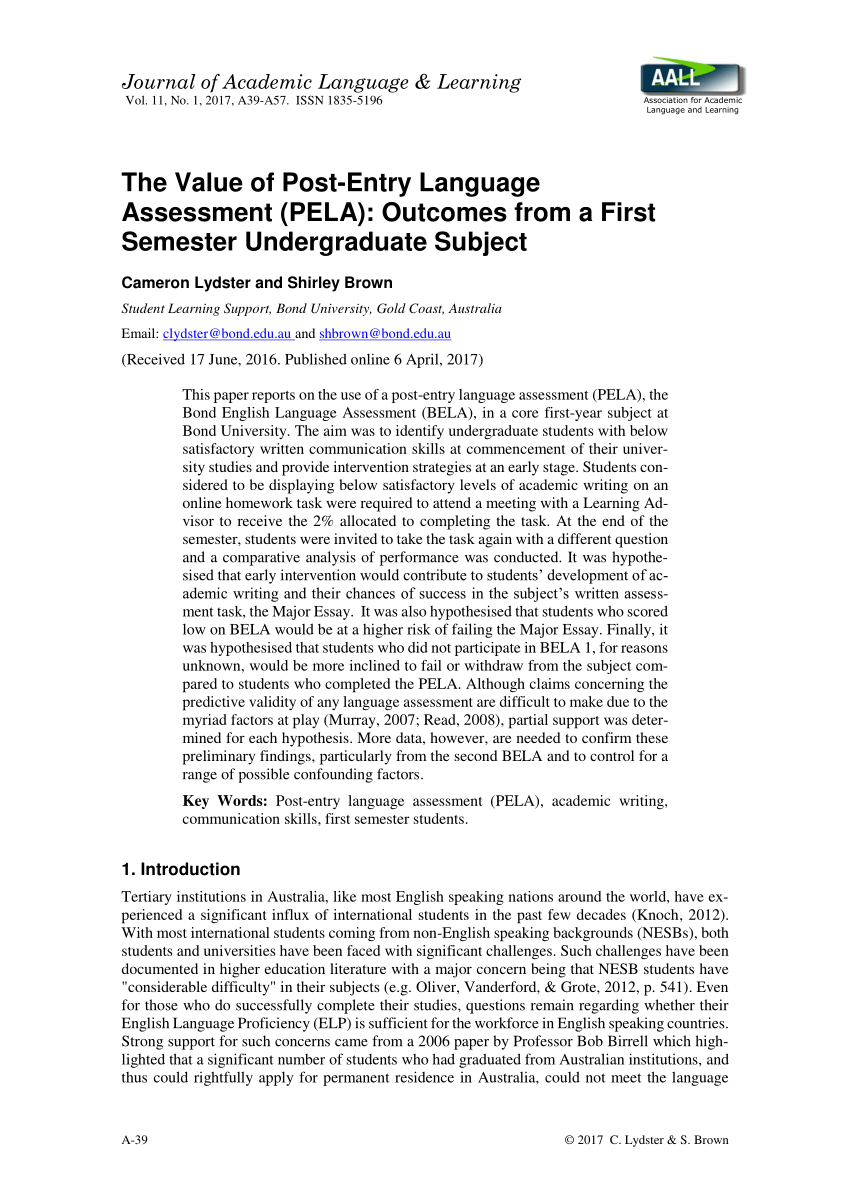 pdf the value of post entry language assessment pela outcomes from a first semester undergraduate subject